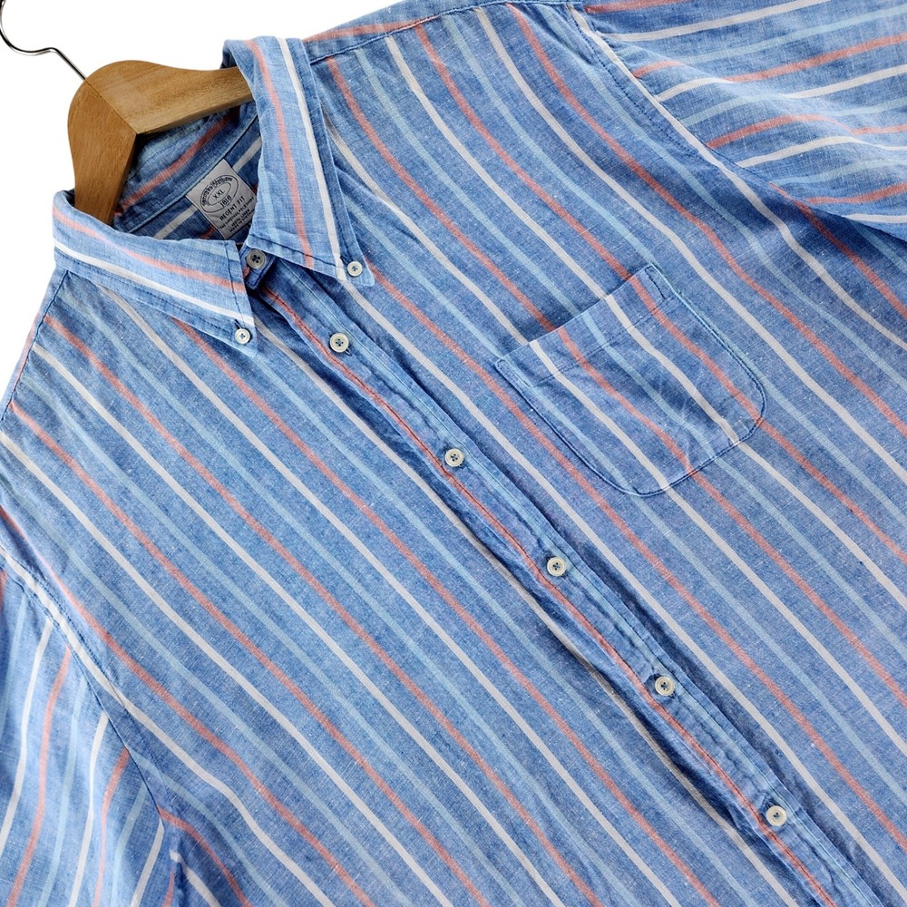 Brooks Brothers Shirt Mens XXL Blue Striped Regent Fit 100% Linen Short Sleeve